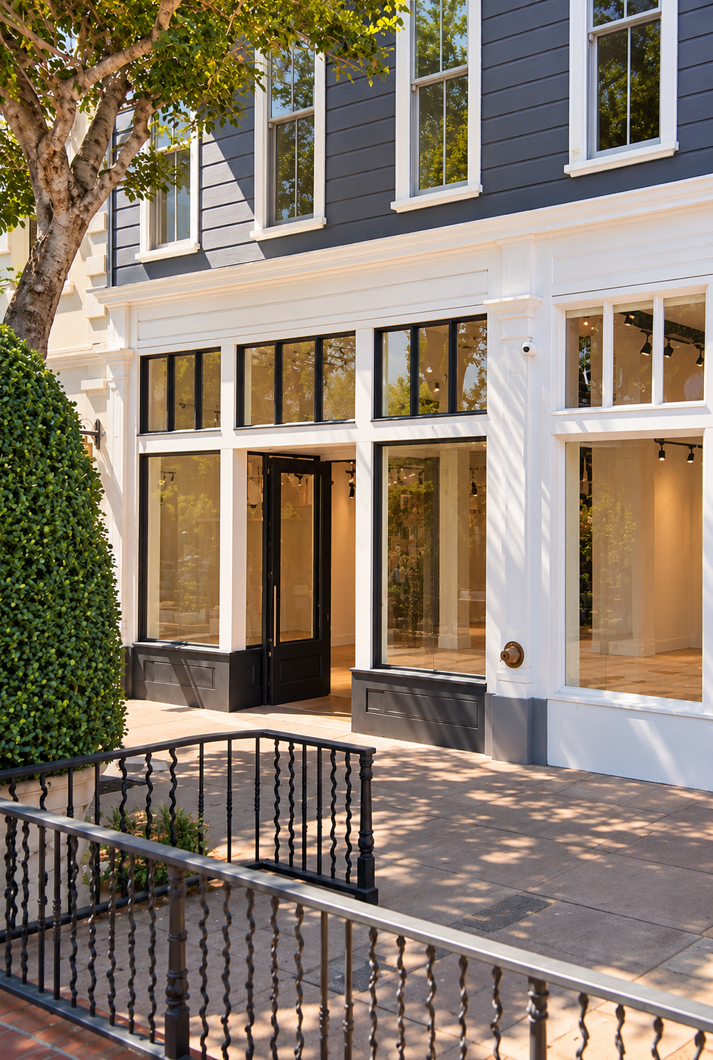 Sunlit storefront with an open door on a tree-lined sidewalk