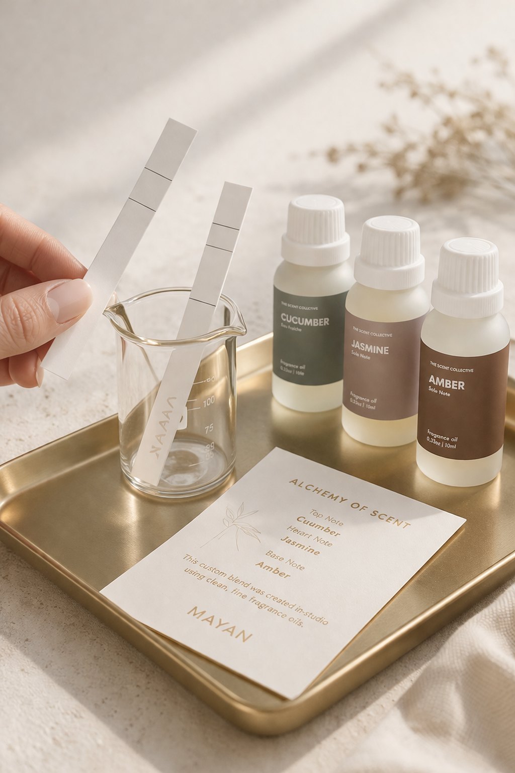 Fragrance blending with test strips and oils on a tray
